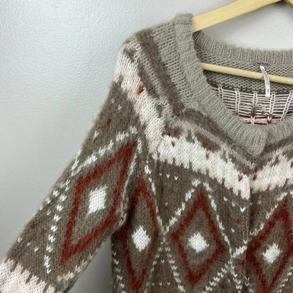 Free People Brown Frosted Fair Isle Cardigan Sweater Small Wool Mohair Blend - Picture 3 of 12